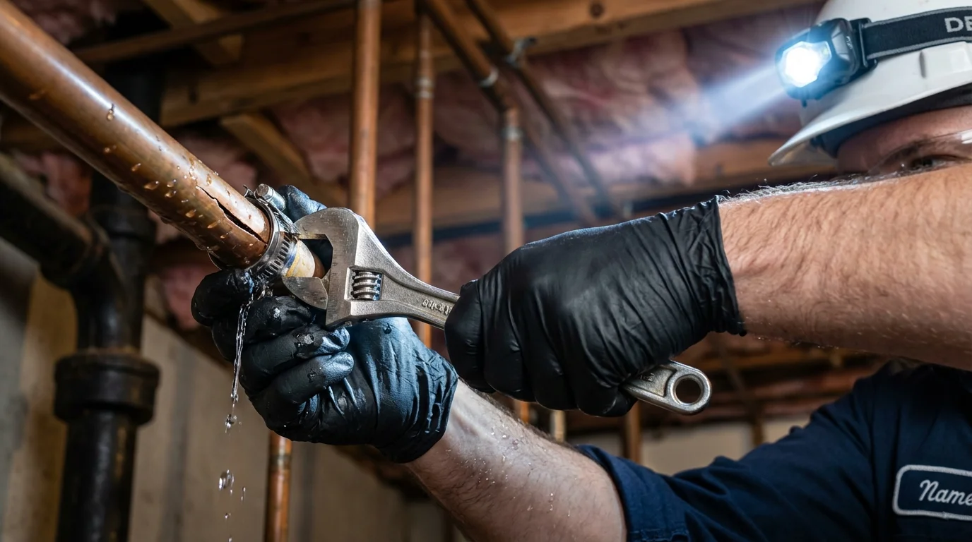 Emergency pipe clamp repair being performed by a Johns Plumbing LLC plumber in Moore Haven