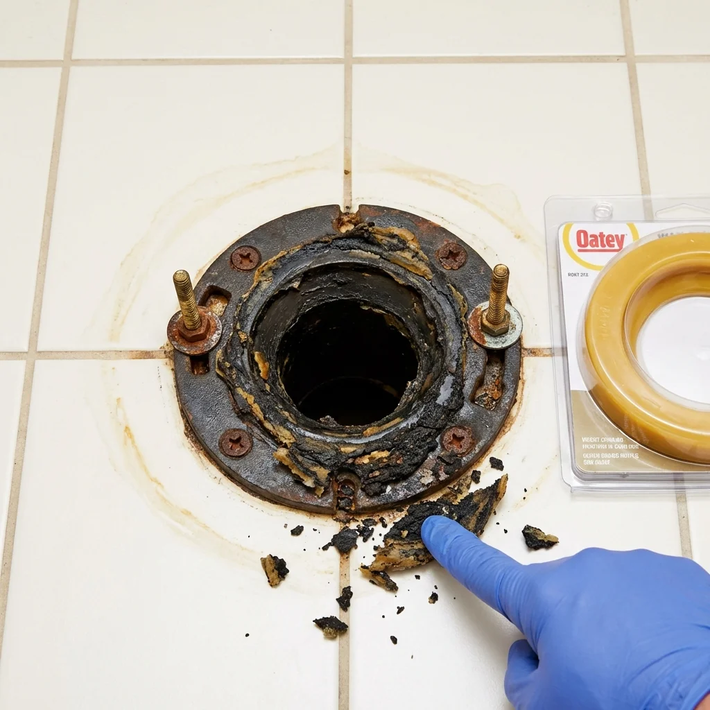Failed wax ring showing water seepage at the base of a toilet in a Moore Haven, FL home