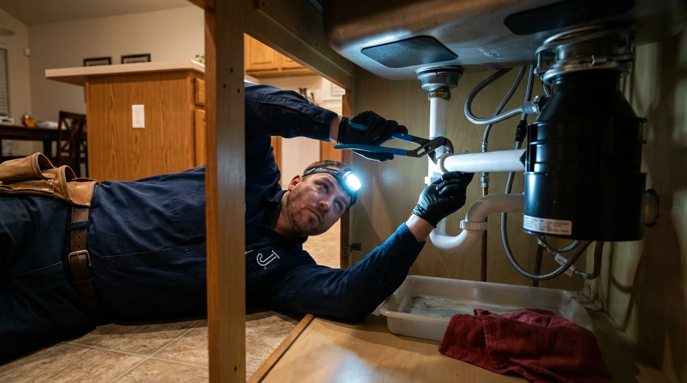 P-trap and supply line connections under a kitchen sink showing a common leak point in Moore Haven, FL